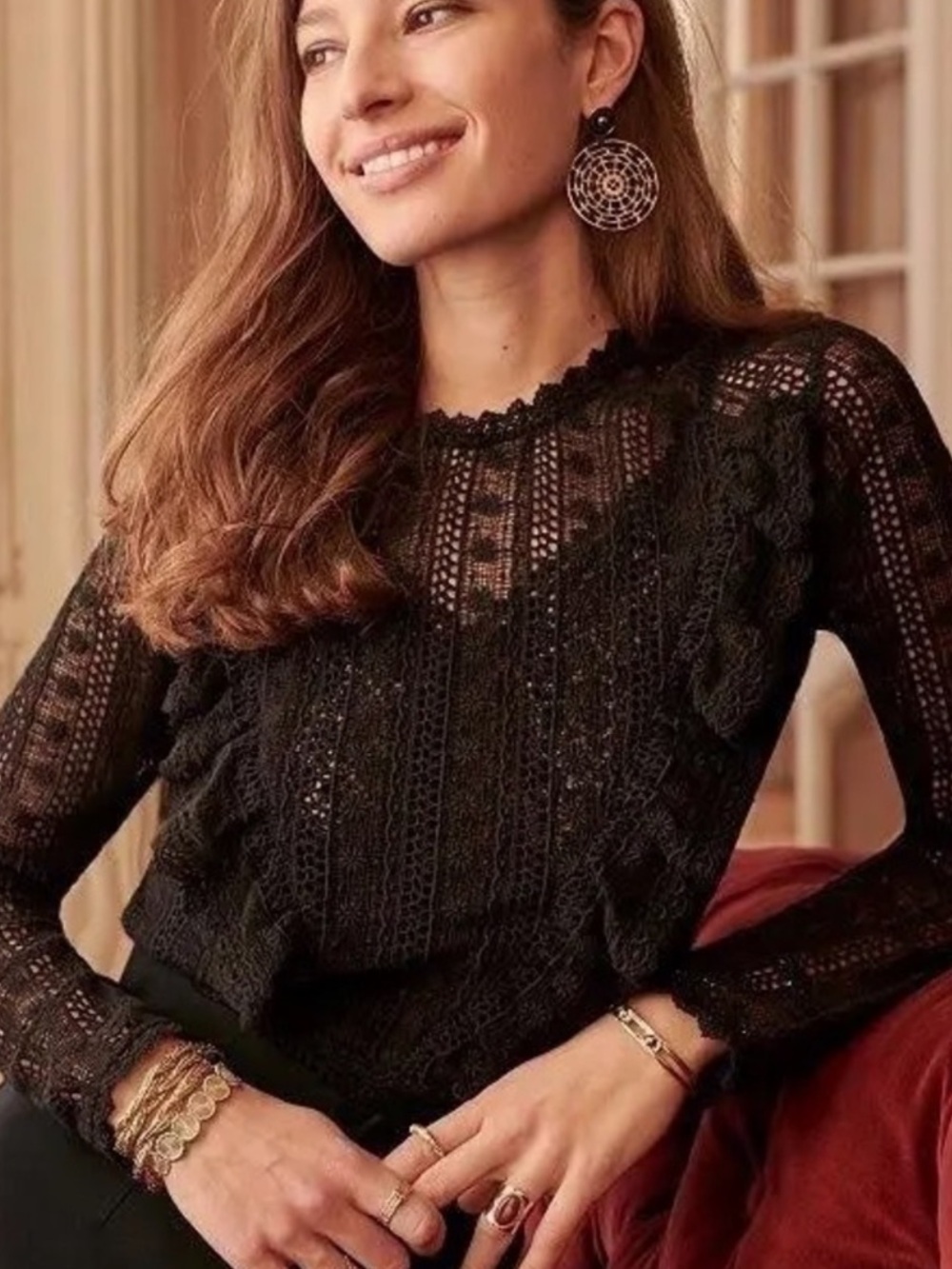 Sezane Black Crochet Ruffle Long-Sleeve Top